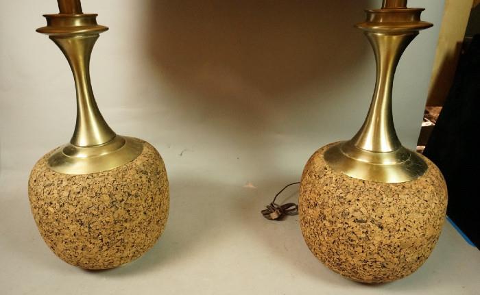 Lot 522  -  Pr Large Cork Lamps. 70's Modern. Brass tone metal hardware. Custom lamp shades.-- Dimensions:  H: 45 inches --- 