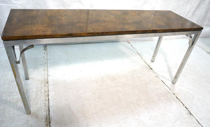 Lot 524  -  Modernist Burl Wood Aluminum Console Sofa Hall Table. Burled wood top on square aluminum frame. -- Dimensions:  H: 27 inches: W: 60 inches: D: 18 inches --- 