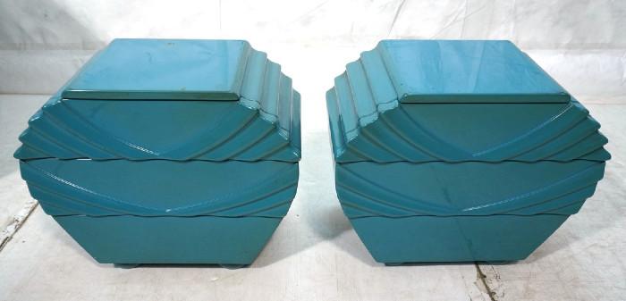 Lot 526  -  Pr Decorator Blue Lacquer Side Tables Night Stands. Three drawers. Shaped Cabinets with wave shell fronts. Not Marked. Matching mirror is marked. -- Dimensions:  H: 20 inches: W: 24 inches: D: 13.5 inches --- 