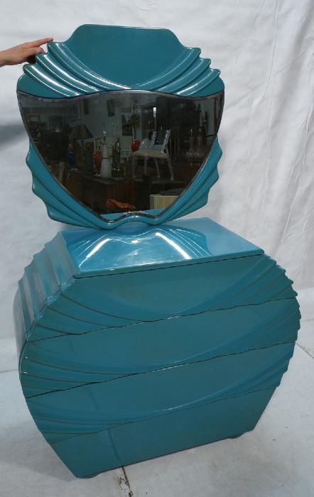 Lot 527  -  2pc Decorator Blue Lacquer Dresser Wall Mirror. Shaped Cabinets with wave shell fronts. Mirror is signed. -- Dimensions:  H: 35.25 inches: W: 43 inches: D: 18.5 inches --- 