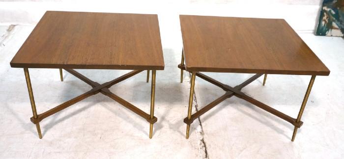 Lot 533  -  Pr McCobb style Walnut Side End Tables. Walnut tops over brass finish tapered legs. Wood stretchers.-- Dimensions:  H: 15 inches: W: 22 inches: D: 22 inches --- 
