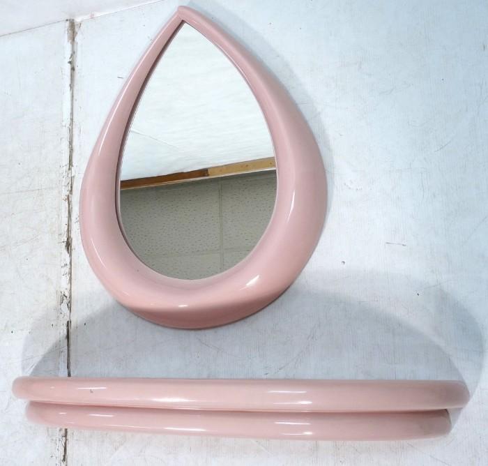 Lot 243  -  KARL SPRINGER style Pink Lacquered Wall Mirror Shelf. Teardrop Mirror. Semi circle wall shelf. No marks.-- Dimensions:   --- 