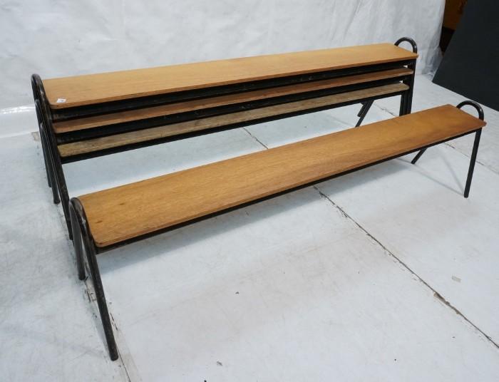 Lot 537  -  Lot 4 Stacking Wood Benches. Laminated plywood. Metal inverted U Ends. Possible Dutch origin-- Dimensions:  H: 20 inches: D: 16 inches: L: 81 inches --- 