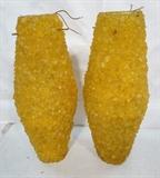 Lot 539  -  Pr Yellow Spaghetti Plastic Hanging Pendant Lights. Modernist. -- Dimensions:  H: 26 inches: W: 12 inches: D: 12 inches --- 