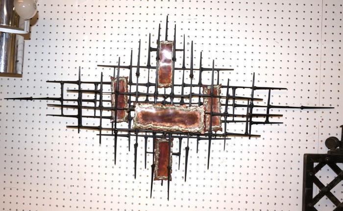 Lot 545  -  Brutalist Welded Nails & Copper Wall Sculpture. Welded nails with some metal plaques. -- Dimensions:  H: 26 inches: W: 48 inches --- 