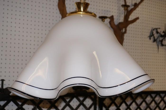 Lot 546  -  Hanging Art Glass Pendant Light. White with black bands. Scalloped edge. -- Dimensions:  H: 16 inches: W: 22 inches: D: 22 inches --- 