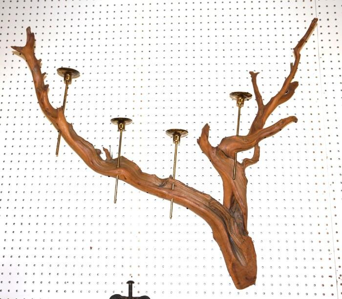 Lot 548  -  Driftwood branch with 4 Brass Candleholders Wall Sconce.-- Dimensions:  H: 30 inches: W: 46 inches: D: 12 inches --- 