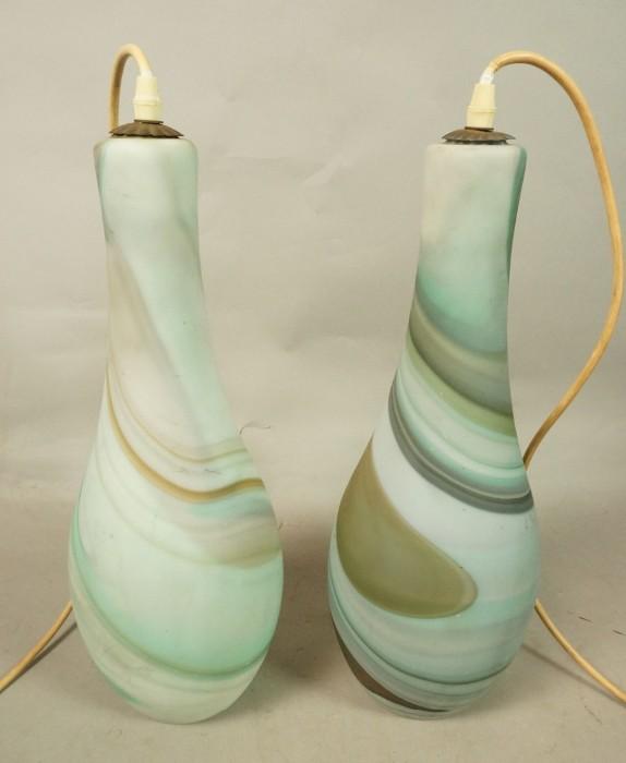 Lot 556  -  Pr Bowling Pin form Frosted Glass Hanging Lamps. Colored swirl design. -- Dimensions:  H: 17 inches: W: 7 inches --- 