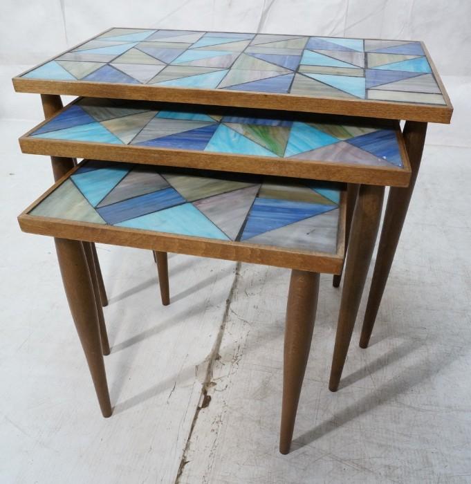 Lot 568  -  Set 3 Nesting Tables with Stained Glass Inlaid Tops.-- Dimensions:  H: 18.5 inches: W: 24 inches: D: 14 inches --- 