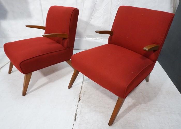Lot 569  -  Pr Upholstered Modernist Lounge Chairs. Wood arms & legs. Not marked.-- Dimensions:  H: 31 inches: W: 25 inches: D: 31 inches --- 