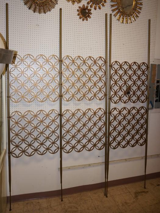 Lot 578  -  3pc Modernist Lattice design Room Dividers. Metal Tension Rods with molded plastic ring form lattice work. Three pieces. -- Dimensions:  H: 100 inches: W: 54 inches --- 