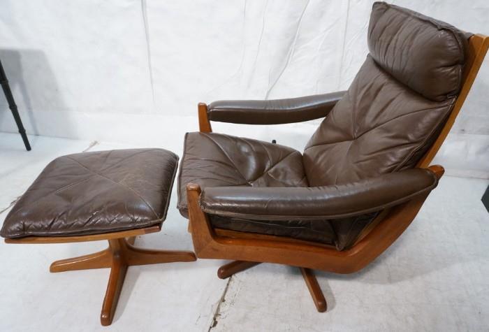 Lot 582  -  Brown Leather Lounge Chair & Ottoman. Reclines & Swivels. LIED MOBLER Norway. Marked.-- Dimensions:  H: 35 inches: W: 29 inches: D: 26 inches --- 
