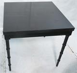 Lot 583  -  Ebonized Wood Square Extension Dining Table. Top flips open to double size. Legs slide apart. Tapered legs with banded detail.-- Dimensions:  H: 29.5 inches: W: 32 inches: D: 32 inches --- 