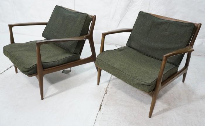 Lot 595  -  Pr SELIG Modern Danish Dark Teak Lounge Chairs. Open Arms. Green fabric upholstery. Metal tag.-- Dimensions:  H: 27 inches: W: 28 inches: D: 29 inches --- 