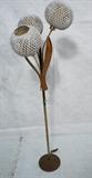 Lot 598  -  Tall Modern Walnut Floral Floor Lamp. Walnut Leaves with 3 woven textured Open globes. Brass column.-- Dimensions:  H: 74 inches: W: 25 inches: D: 25 inches --- 