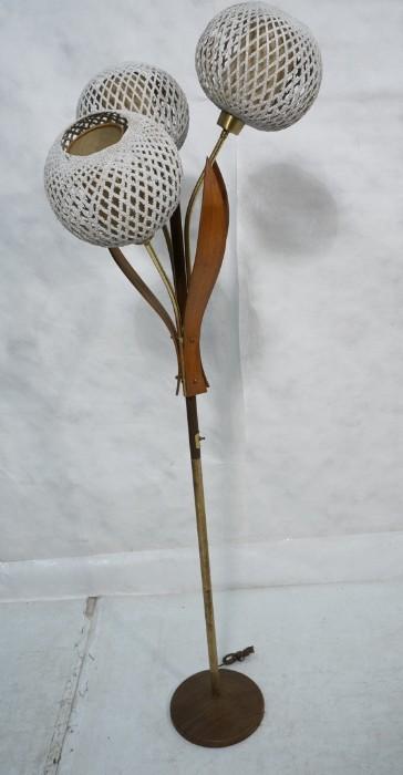 Lot 598  -  Tall Modern Walnut Floral Floor Lamp. Walnut Leaves with 3 woven textured Open globes. Brass column.-- Dimensions:  H: 74 inches: W: 25 inches: D: 25 inches --- 
