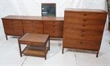 Lot 599  -  4pc MILO BAUGHMAN Style Bedroom Set. Tall 6 Drawer Dresser. Night Stand. 9 Drawer Low Chest. Mirror. American Modern Walnut. One drawer. Woven lower shelf. -- Dimensions:   --- 