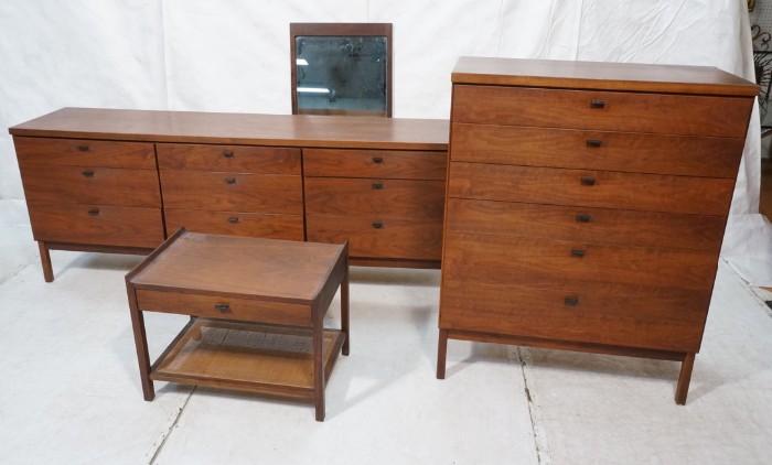 Lot 599  -  4pc MILO BAUGHMAN Style Bedroom Set. Tall 6 Drawer Dresser. Night Stand. 9 Drawer Low Chest. Mirror. American Modern Walnut. One drawer. Woven lower shelf. -- Dimensions:   --- 
