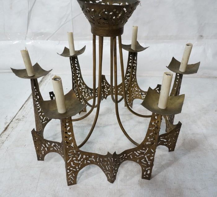Lot 600  -  Brutalist Metal Chandelier. Gold painted iron pierced and welded. Six candles. -- Dimensions:  H: 20.5 inches: W: 21 inches --- 