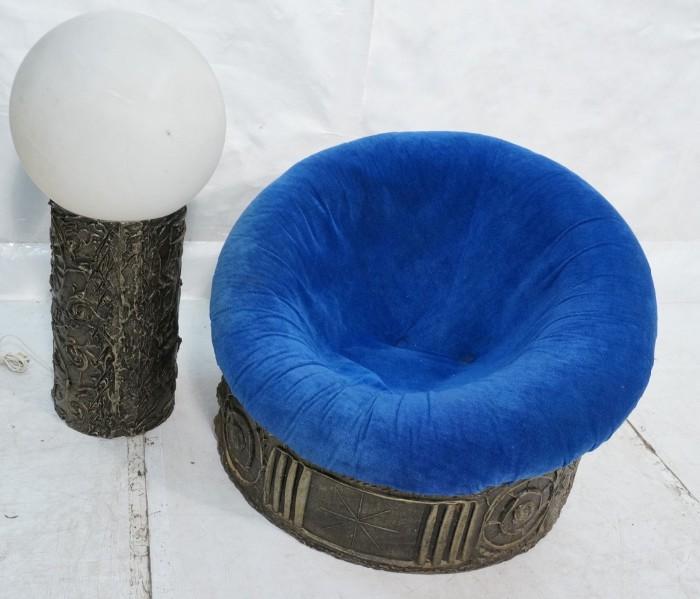 Lot 602  -  2pc PAUL EVANS style Round Lounge Chair and Floor Lamp. Chair has blue upholstery. Glass shade on lamp. Adrian Pearsall.-- Dimensions:   --- 