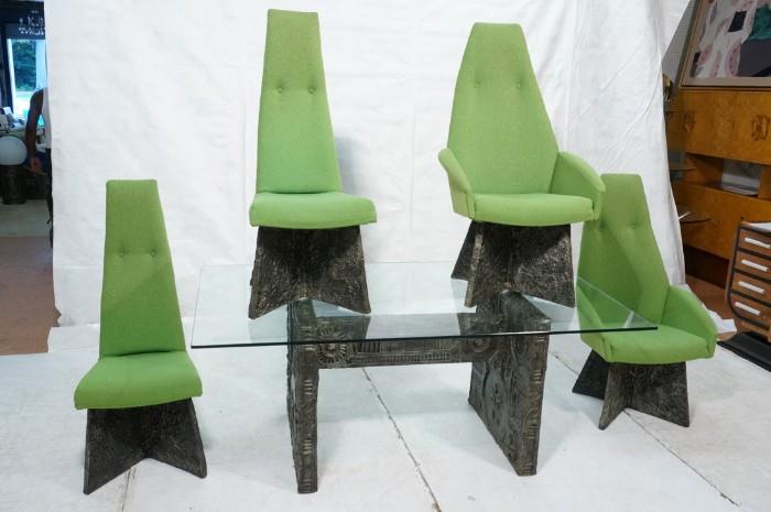 Lot 604  -  PAUL EVANS Style Brutalist Dining Table 4 Chairs. Two arms. Two side chairs. Textured Finish. Lime Green fabric upholstery. 1/2" thick glass. Adrian Pearsall-- Dimensions:  H: 29 inches: W: 72 inches: D: 40 inches --- 