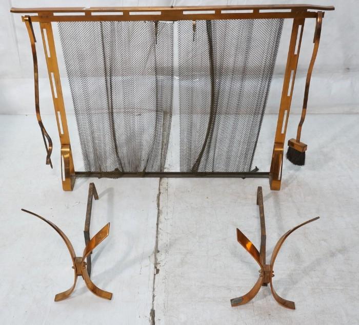 Lot 610  -  Copper DONALD DESKEY style Fireplace Screen, Andirons & Tools. Two tools hang from fire screen. -- Dimensions:  H: 31.25 inches: W: 46 inches: D: 5 inches --- 