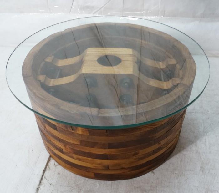 Lot 611  -  Laminated Wood Industrial style Drum Side End Table. Glass Top. -- Dimensions:  H: 13.25 inches: W: 28 inches --- 