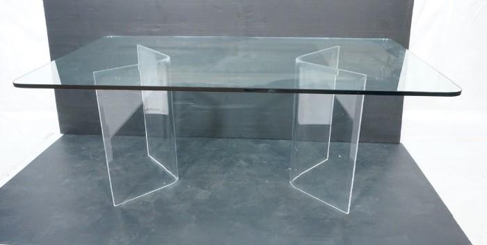 Lot 620  -  Large Glass Top Dining table. Two V shaped Lucite Pedestal Bases. 3/4" glass top. -- Dimensions:  H: 29 inches: W: 40 inches: D: 72 inches --- 