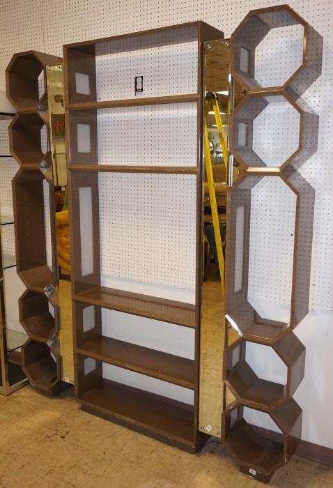 Lot 622  -  Three Part Wall Shelf Display Unit. Etagere. Lacquered Wood Frame with Two Mirror panels. Honeycomb form side cubbies. Lights behind mirrors light up white plexi "windows" on sides of each center shelf. -- Dimensions:  H: 93 inches: D: 11 inches: L: 79 inches --- 