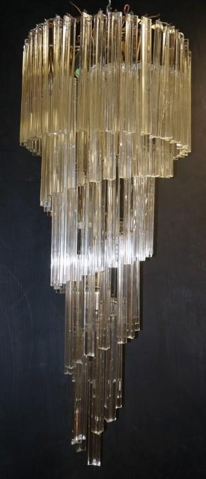 Lot 626  -  Long Spiral Venini style Hanging Chandelier. Three sided glass prisms. Camer-- Dimensions:  H: 46 inches: W: 18 inches --- 