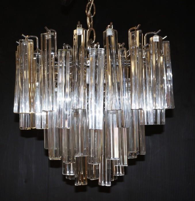 Lot 627  -  Small Venini style Hanging Pendant Light Chandelier. Three sided prisms. -- Dimensions:  H: 14 inches: W: 14 inches --- 