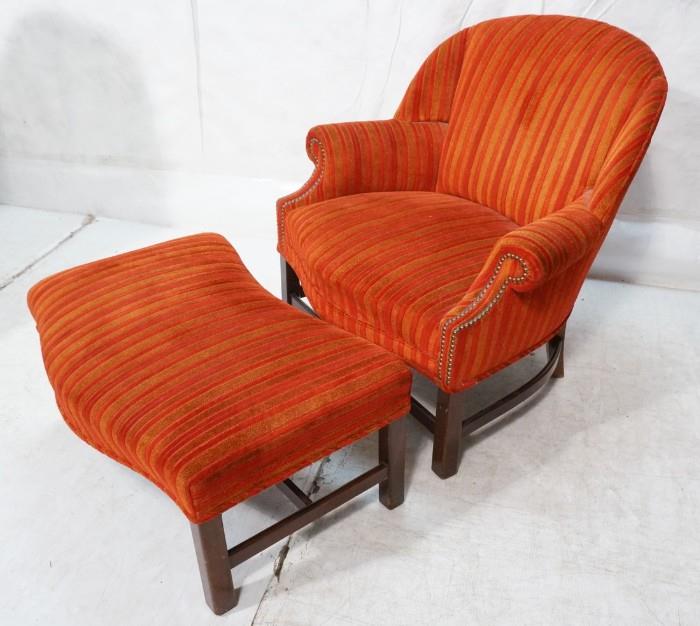 Lot 629  -  DUNBAR Style Lounge Chair & Ottoman. Square Wood Legs. Red & Orange Striped fabric. Chair and ottoman each has shaped fronts. Not marked.-- Dimensions:  H: 34 inches: W: 36 inches: D: 24 inches --- 