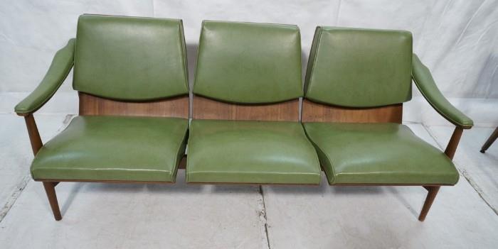 Lot 636  -  Green Vinyl Modernist Three Seater Couch Sofa. Upholstered arms. Peg Legs. Not Marked. (THONET)-- Dimensions:  H: 30 inches: W: 71 inches: D: 28 inches --- 