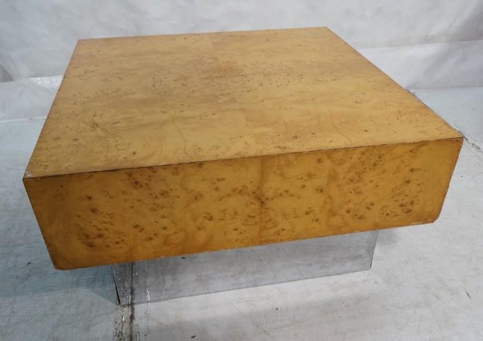 Lot 639  -  MILO BAUGHMAN Burl Wood Square Coffee Table. Recessed Chrome Base Cocktail Table. Not marked.-- Dimensions:  H: 16 inches: W: 30 inches: D: 30 inches --- 