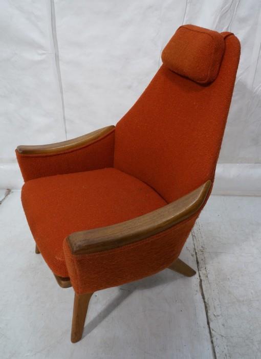Lot 641  -  Orange ADRIAN PEARSALL style Arm Lounge Chair. High Back with Head Pillow. Wood Frame & Arm Rests. Not marked-- Dimensions:  H: 38 inches: W: 30 inches: D: 27 inches --- 
