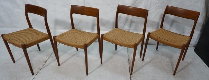Lot 644  -  4pc Danish Modern Teak Dining Chairs. J.L. MOLLER Models. All side Chairs. Woven seats. Two metal tags. -- Dimensions:  H: 31 inches: W: 19.5 inches: D: 18.5 inches --- 
