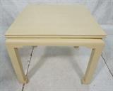 Lot 646  -  CARL SPRINGER style Asian Inspired Lacquer Game Table. Faux snakeskin. Flip extension top. Brass trim. -- Dimensions:  H: 30 inches: W: 35.5 inches: D: 35.5 inches --- 