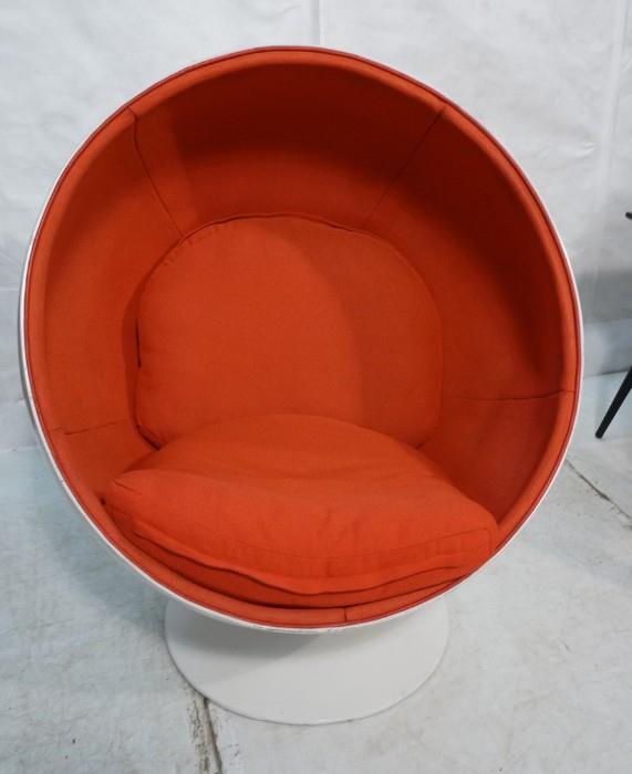 Lot 648  -  70's Modern Ball Chair. EERO AARNIO style. Molded white ball frame with red fabric lined interior and cushions. -- Dimensions:  H: 48 inches: W: 39 inches: D: 29 inches --- 