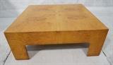 Lot 649  -  Burl Wood Square Coffee Cocktail Table. MILO BAUGHMAN style. -- Dimensions:  H: 15 inches: W: 40 inches: D: 40 inches --- 