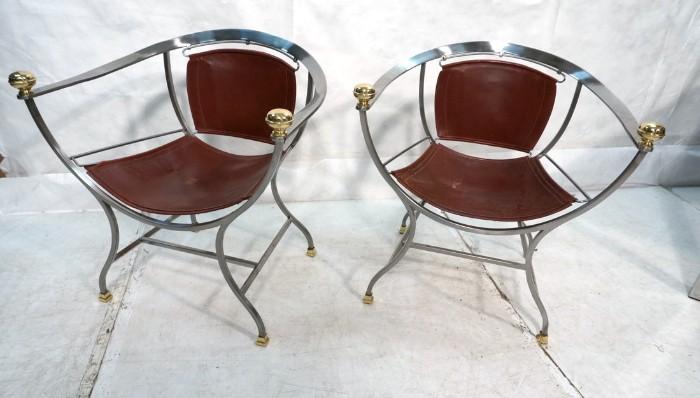 Lot 651  -  Pr Stainless Savanarola style Side Chairs. Brass Finials & Feet. Leather sling seats and backs. -- Dimensions:  H: 30 inches: W: 27.5 inches: D: 21 inches --- 