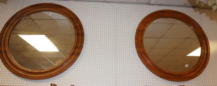 Lot 655  -  Pr Round Wood Frame Wall Mirrors. Shaped frames. -- Dimensions:  H: 40 inches: W: 40 inches: D: 40 inches --- 