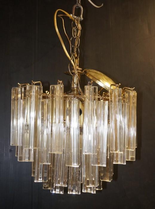Lot 657  -  Small Venini style Prism Hanging Chandelier. Three sided prisms.  Camer-- Dimensions:  H: 16 inches: W: 12 inches: D: 12 inches --- 