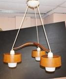 Lot 402  -  Swedish Modern Chandelier.  Pendent lamp.  3 Drops.  White glass shades witj teak covers.  Sweden tag.-- Dimensions:  H: 32 inches: W: 27 inches --- 