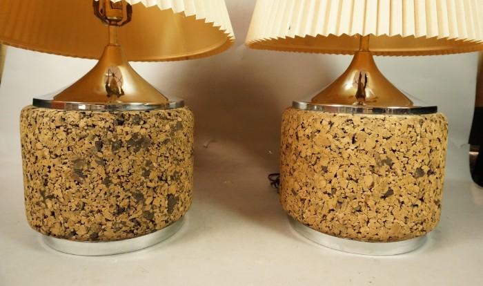 Lot 520  -  Pair 70's modern Table Lamps.  Cork and Chrome.-- Dimensions:  H: 26 inches --- 