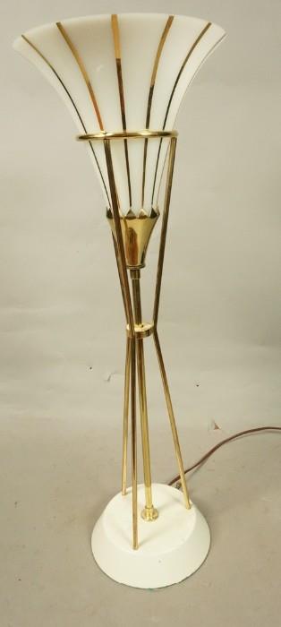 Lot 558  -  Modernist Single Table Lamp. Brass rods. Flared glass shade. White metal base.-- Dimensions:  H: 25 inches: W: 8 inches --- 