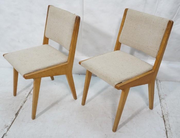 Lot 653  -  Pr KNOLL Assoc American Modern Wood Side Chairs. Oatmeal fabric seat & back. Knoll sticker. -- Dimensions:  H: 31 inches: W: 17.5 inches: D: 19 inches --- 