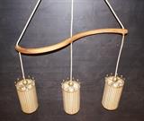 Lot 661  -  Hanging Chandelier with wood top. Three Metal shades with grid design and crown & ball details. -- Dimensions:  H: 47 inches: W: 27 inches: D: 6 inches --- 