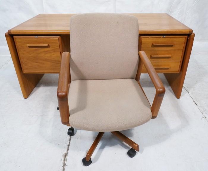 Lot 676  -  Large DYRLUND Danish Teak Modern Desk. Office Chair. 3 small drawers and large file drawer. Marked Dyrlund Denmark-- Dimensions:  H: 29 inches: W: 64 inches: D: 33 inches --- 