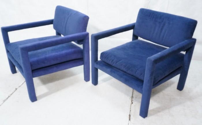 Lot 677  -  Pr MILO BAUGHMAN for THAYER COGGIN Lounge Chairs. Blue velvet upholstery covers entire chair. Thayer Coggin tag.-- Dimensions:  H: 31 inches: W: 29 inches: D: 29 inches --- 