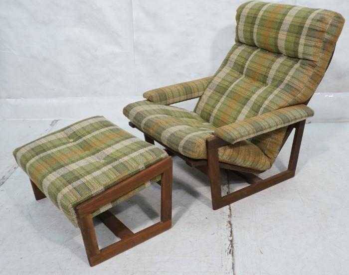 Lot 678  -  Teak Danish Modern Arm Lounge Chair & Ottoman. Low profile open frame construction with tall back. Striped plaid fabric. -- Dimensions:  H: 34 inches: W: 31 inches: D: 37 inches --- 